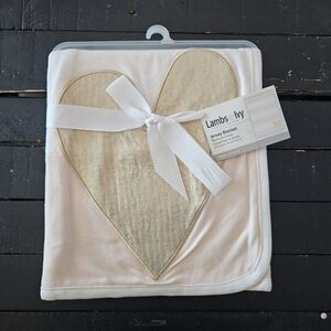 Lambs & Ivy NWT Baby Girl Pink Gold Heart Jersey Blanket Stretchy Cozy 30"x40"